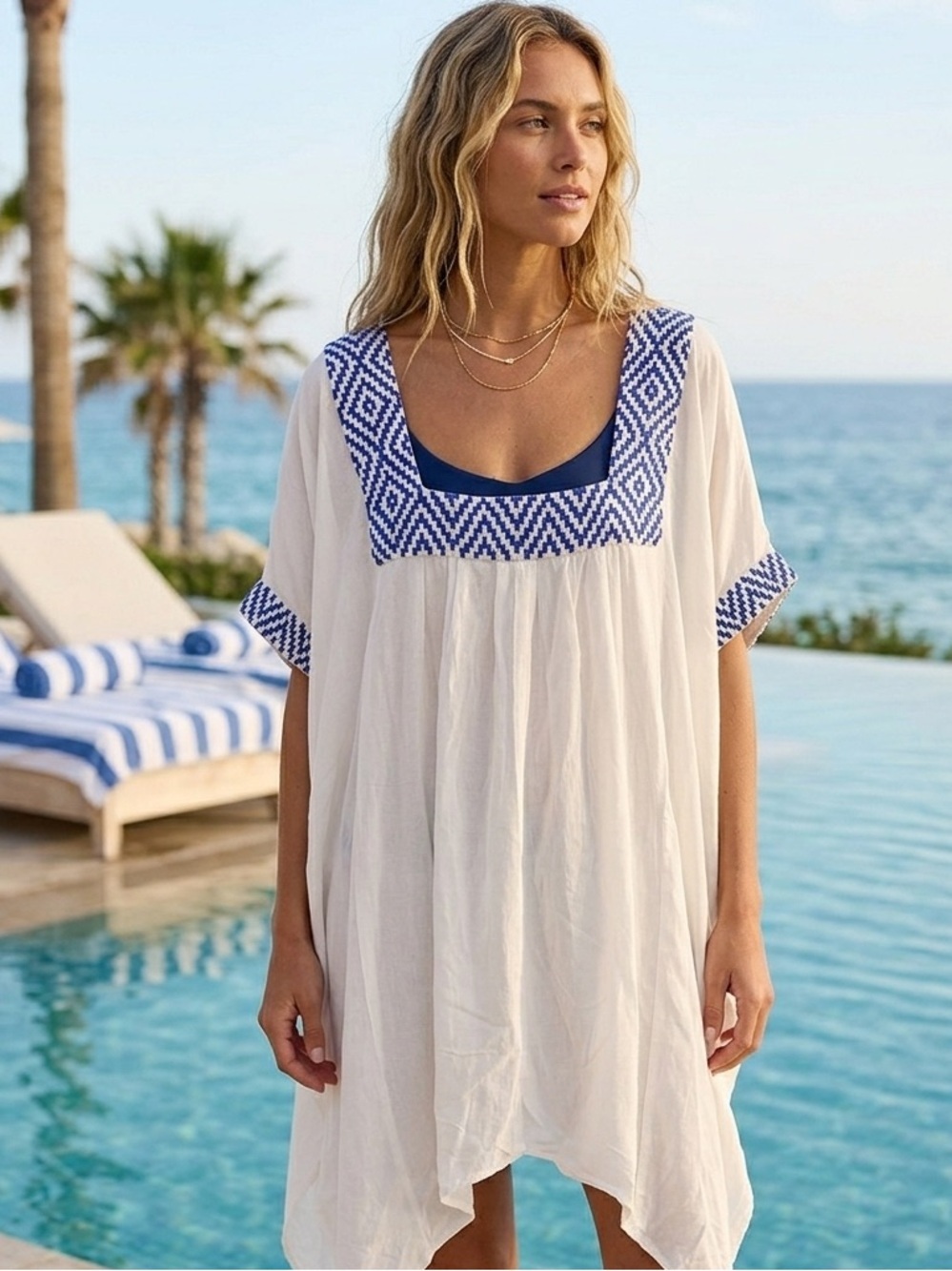 Mara Hoffman White Tunic with Blue Geometric beaded  womens size small